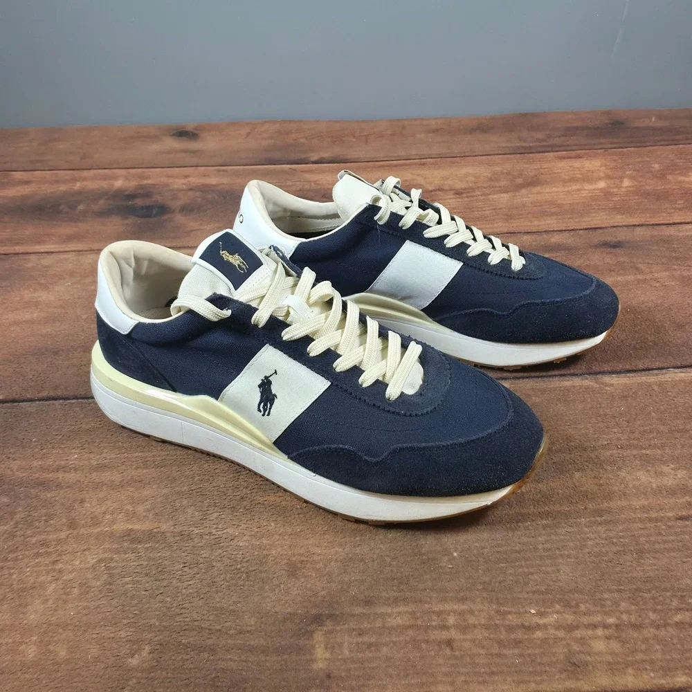 Polo Ralph Lauren Train 85 Sneakers Mens Navy Cream Size 11 Suede Canvas Low Top